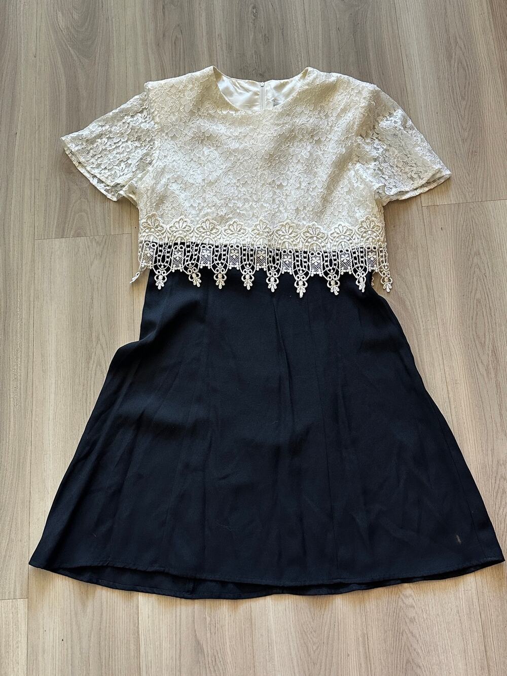 90s S.L. Fashions Lace Cocktail Dress Overlay Mock 2-Piece Black Cream 12